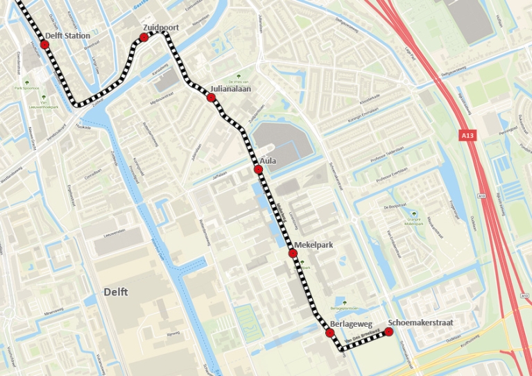 De route van tramlijn 19 met de haltes